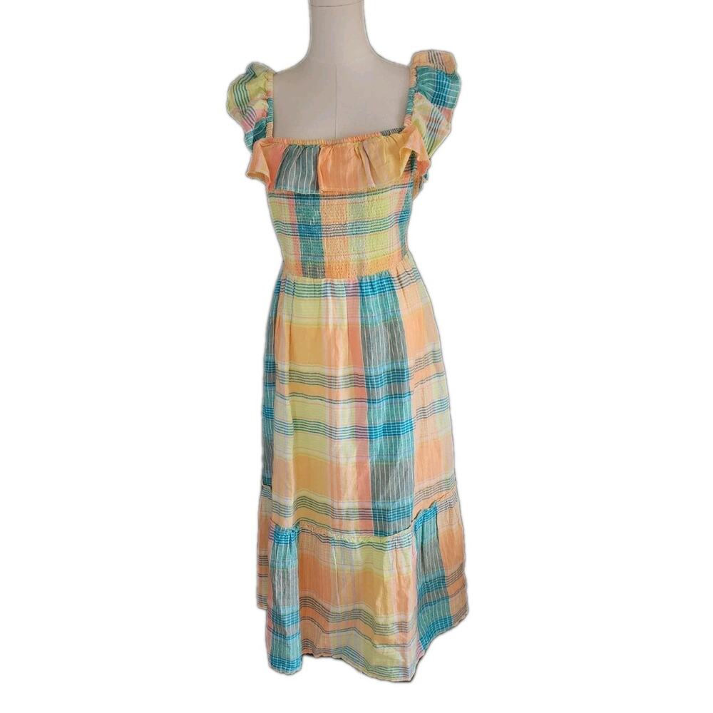 Vineyard Vines Plaid Lemon Tart Smocked Linen Ruffle Midi Dress Large NWT $228